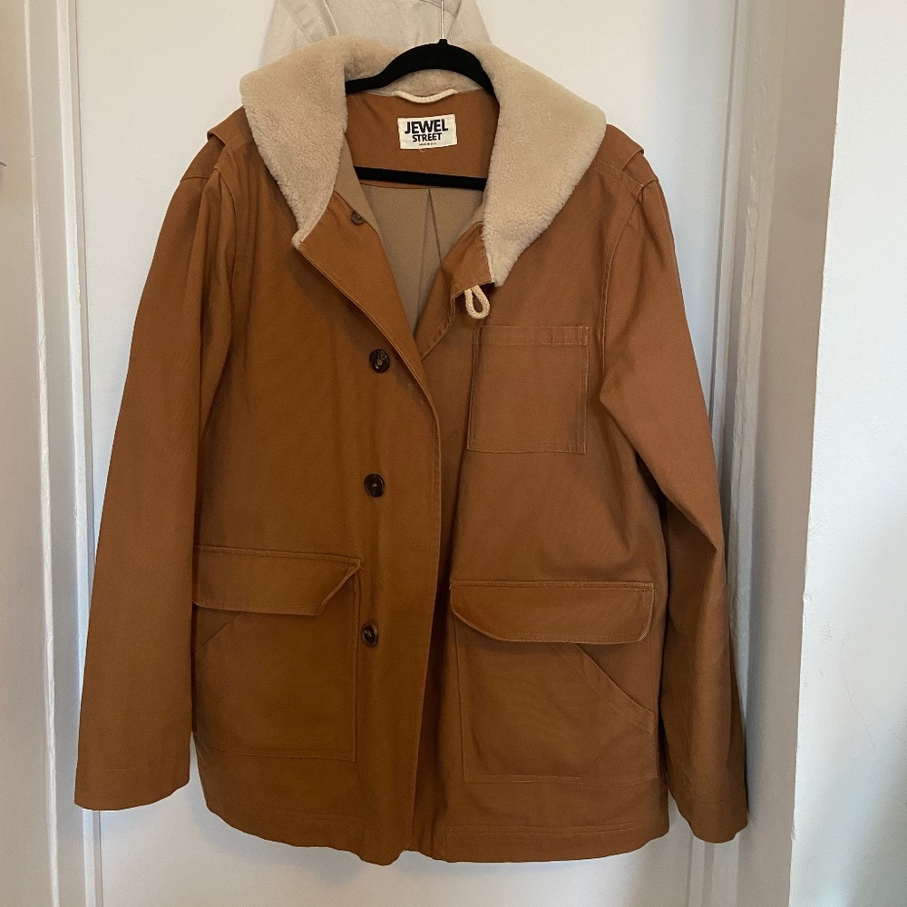 Jewel Street Tan Canvas Overcoat Outdoor Jacket with Fur Neckline